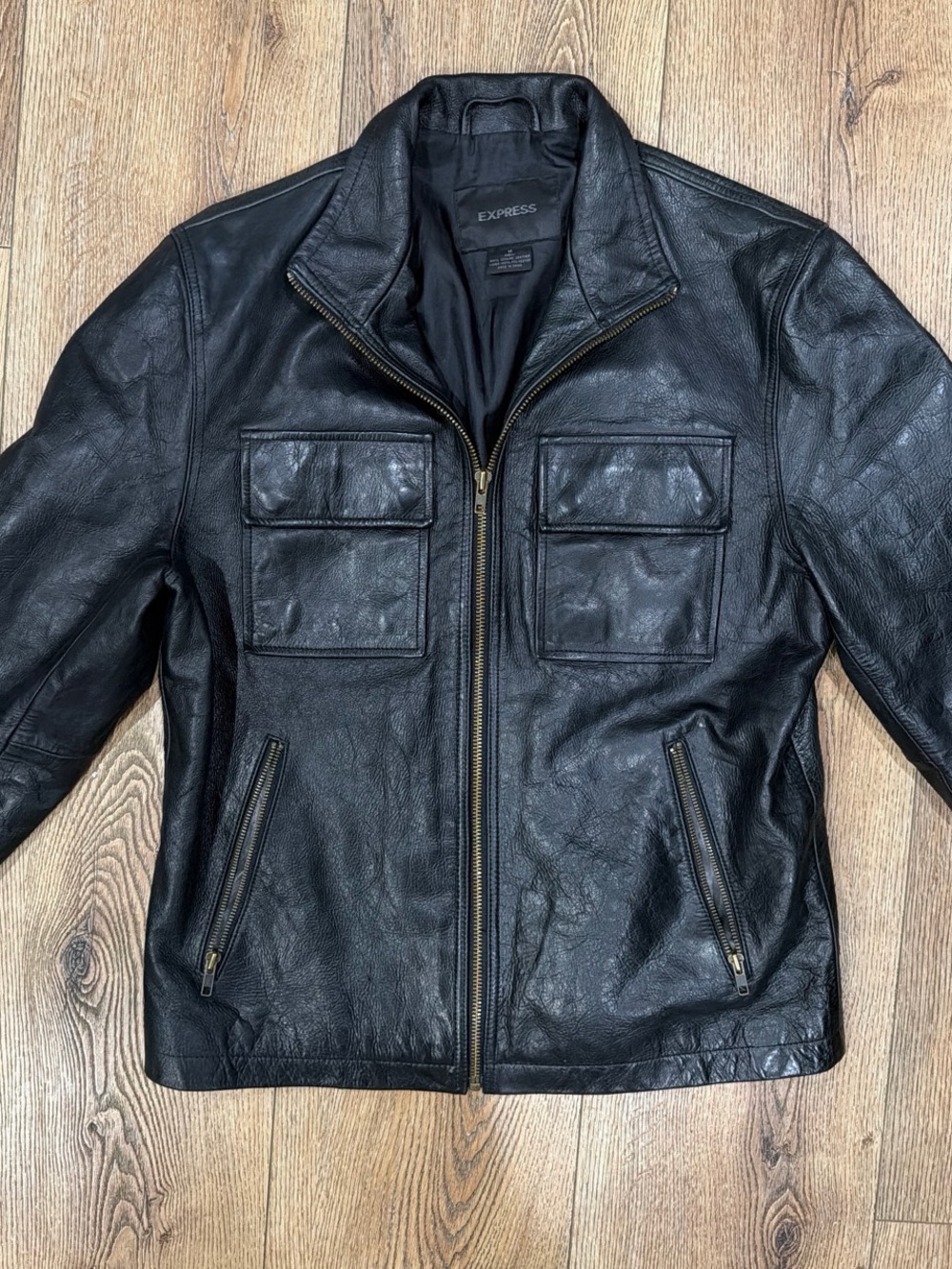 Express Black Leather Bomber Jacket with Zip Pockets